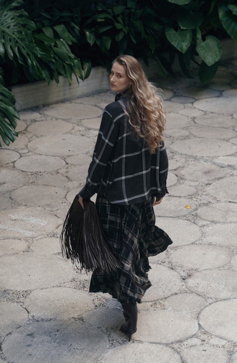 MANGO Candy Windowpane Plaid Tie Neck Button-Up Shirt, Alternate, color, Black