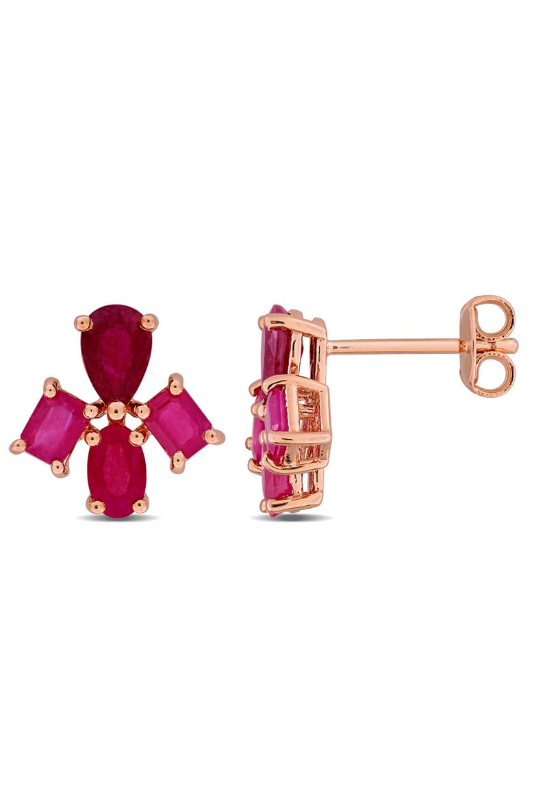 Ruby Floral Cluster Stud Earrings Rose-Plated, Main, color, Ruby