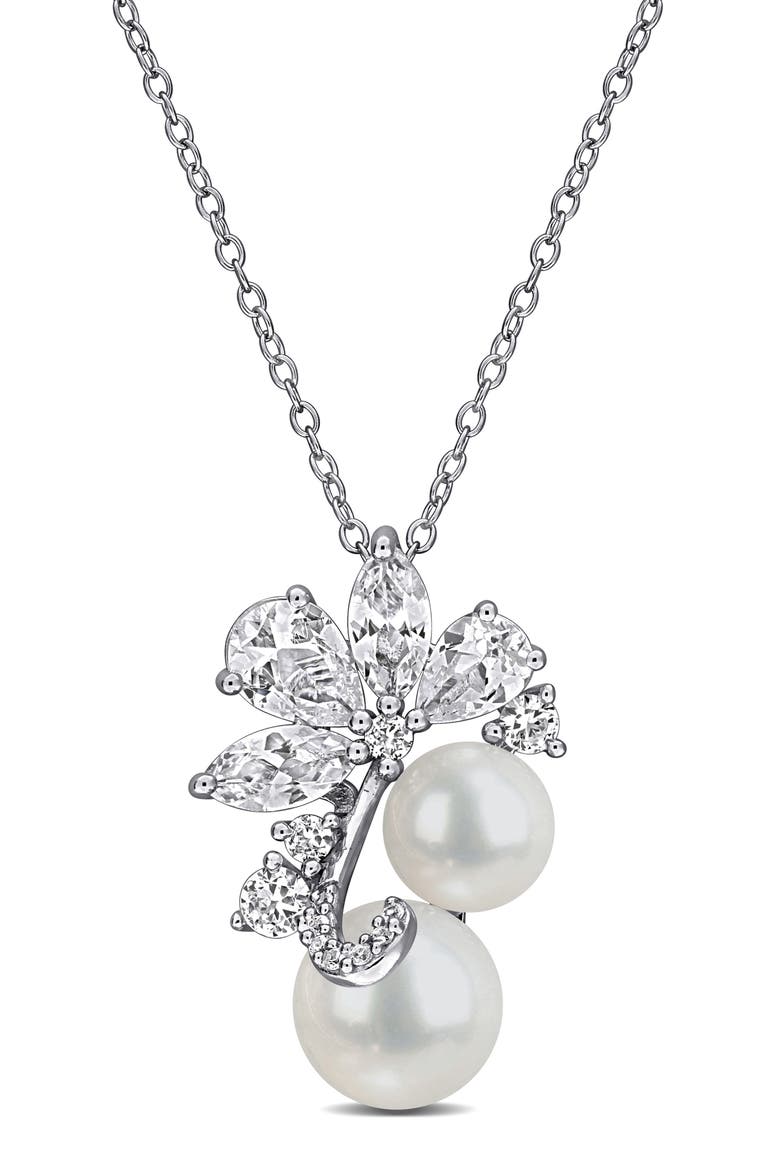 Pearl & White Sapphire Pendant Necklace, Main, color, WHITE