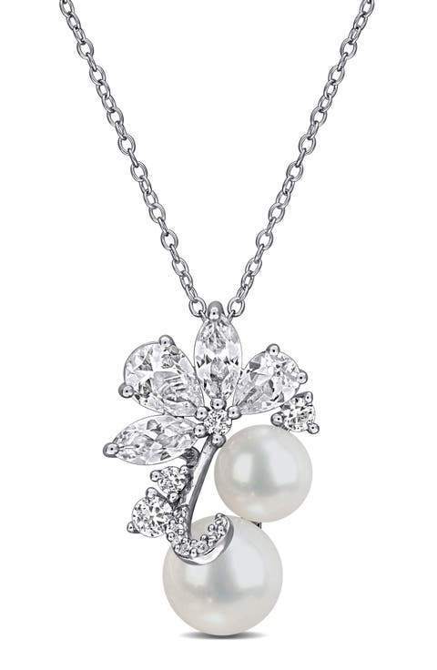 Pearl & White Sapphire Pendant Necklace