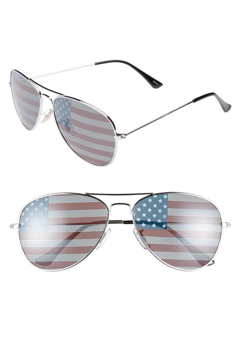 'Helen' American Flag 57mm Aviator Sunglasses, Main, color, SILVER FLAG