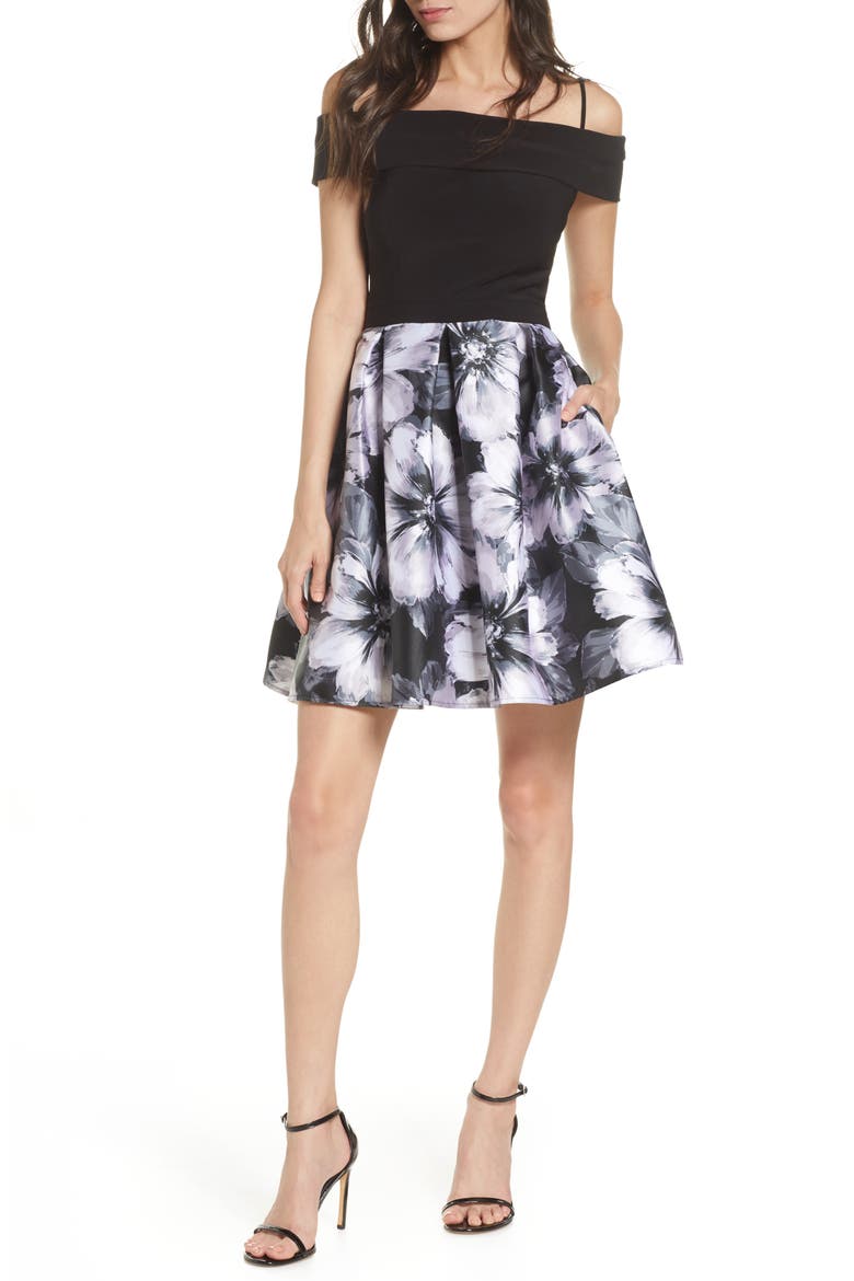 Cold Shoulder Fit & Flare Dress, Main, color, BLACK/ WHITE