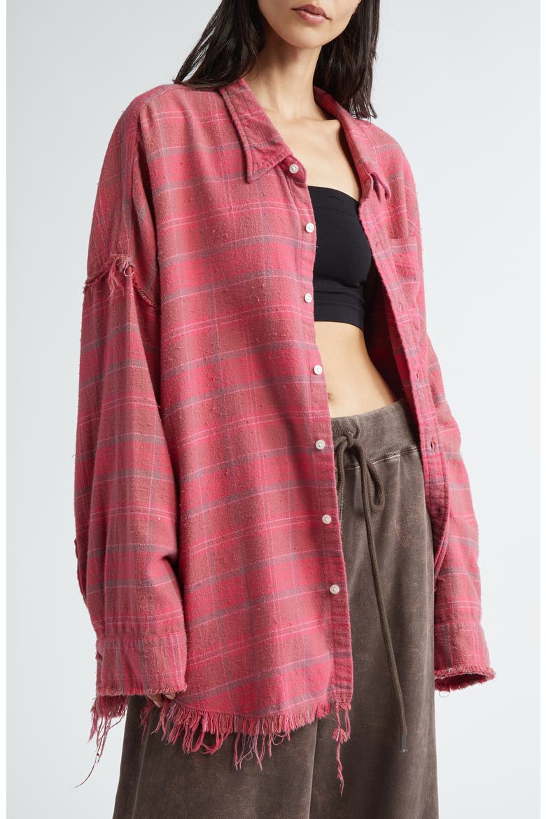 Shredded Seam Oversize Plaid Cotton Flannel Button-Up Shirt, Alternate, color, RASPBERRY OVERDYED PLAID