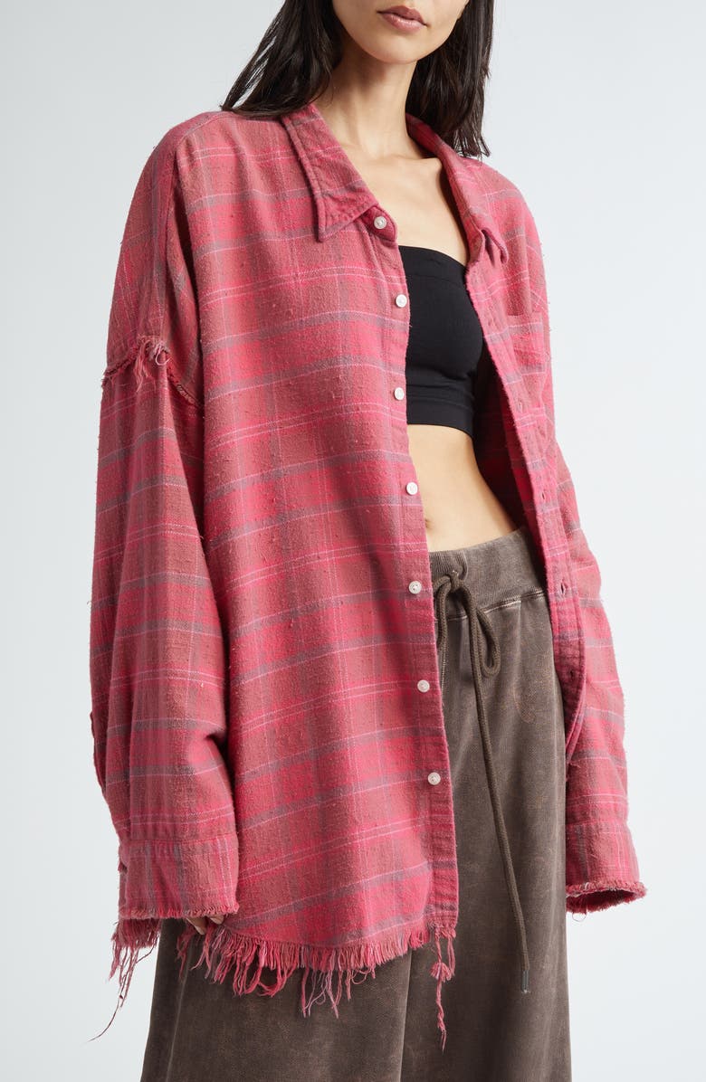 R13 Shredded Seam Oversize Plaid Cotton Flannel Button-Up Shirt, Alternate, color, 