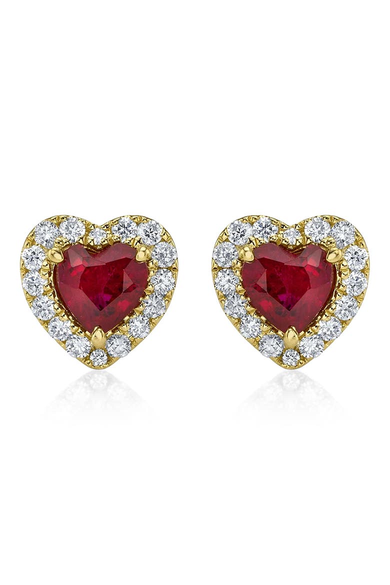 Heart Lab Ruby & Round Diamond Halo Stud Earrings 14K 0.68ct, Main, color, Ruby/Yellow Gold