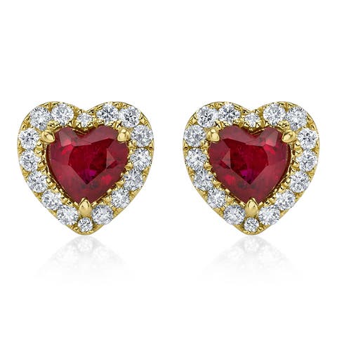 Heart Lab Ruby & Round Diamond Halo Stud Earrings 14K 0.68ct