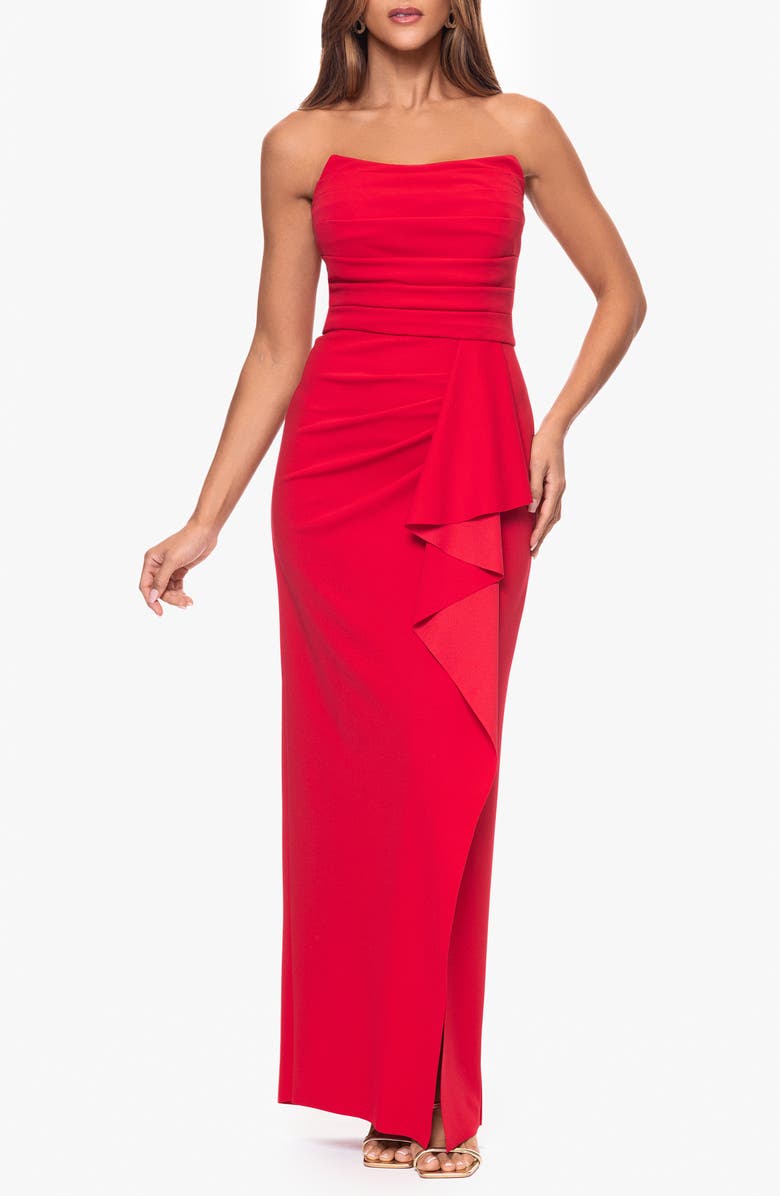 Xscape Evenings Strapless Cascade Ruffle Scuba Crepe Gown, Main, color, 