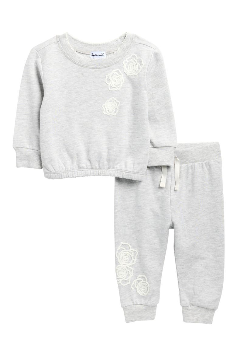 Rose Embroidered Sweatshirt & Sweatpants Set, Main, color, LIGHT HEATHER GREY