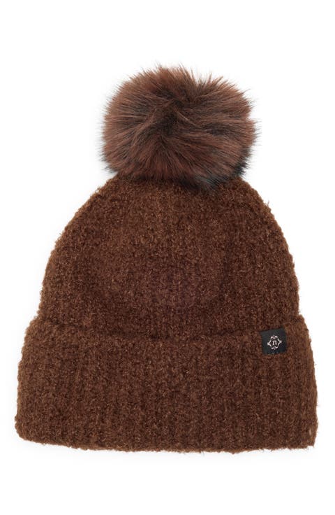 Faux Shearling Beanie with Faux Fur Pompom