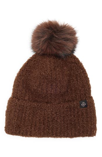 Nanette Lepore Faux Shearling Beanie With Faux Fur Pompom In Brown