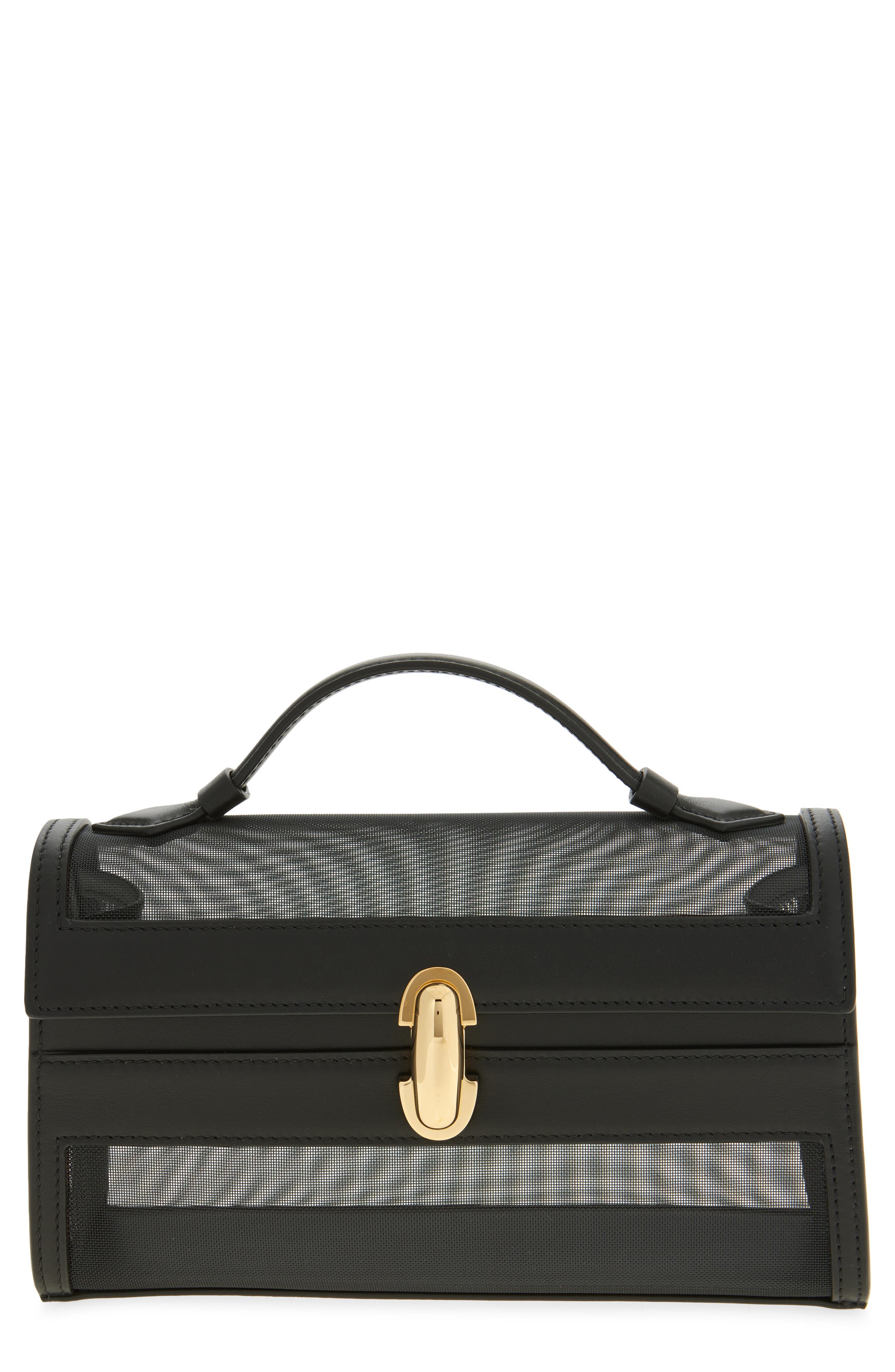 SAVETTE Symmetry Pochette Mesh & Leather Top Handle Bag, Main, color, 