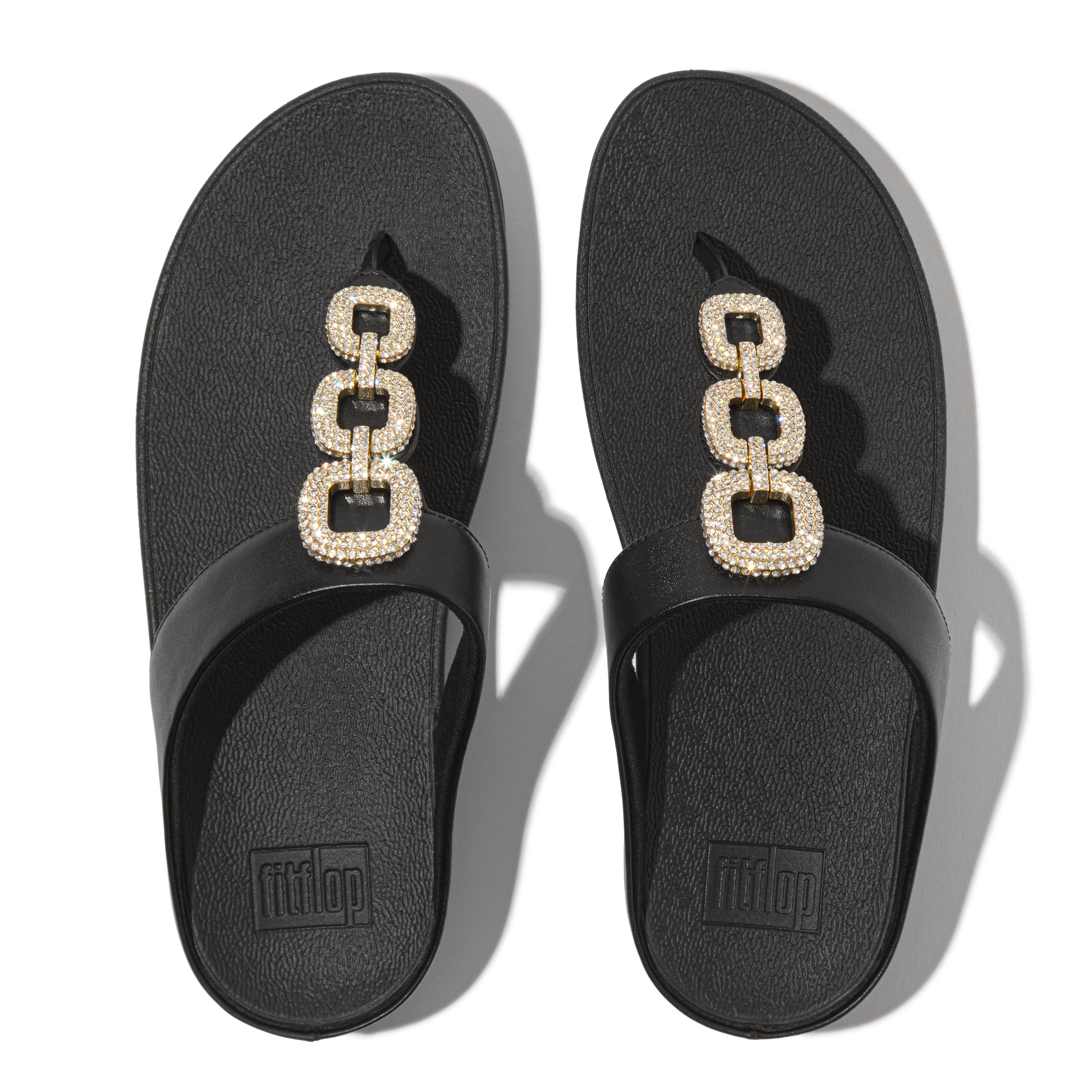 FitFlop Fino Crystal-chain leather toe-post sandals, Alternate, color, Black