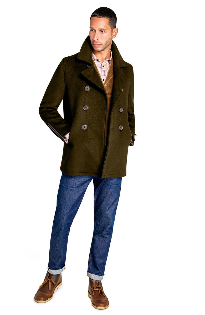 Brooklyn Brigade Green Wool Double Breasted Peacoat, Alternate, color, 