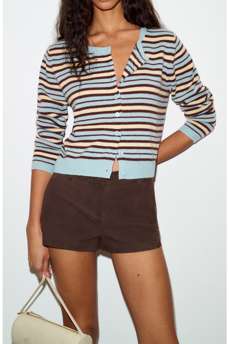 Clara Cashmere Crew Cardigan, Main, color, TURQUOISE MULTI STRIPE