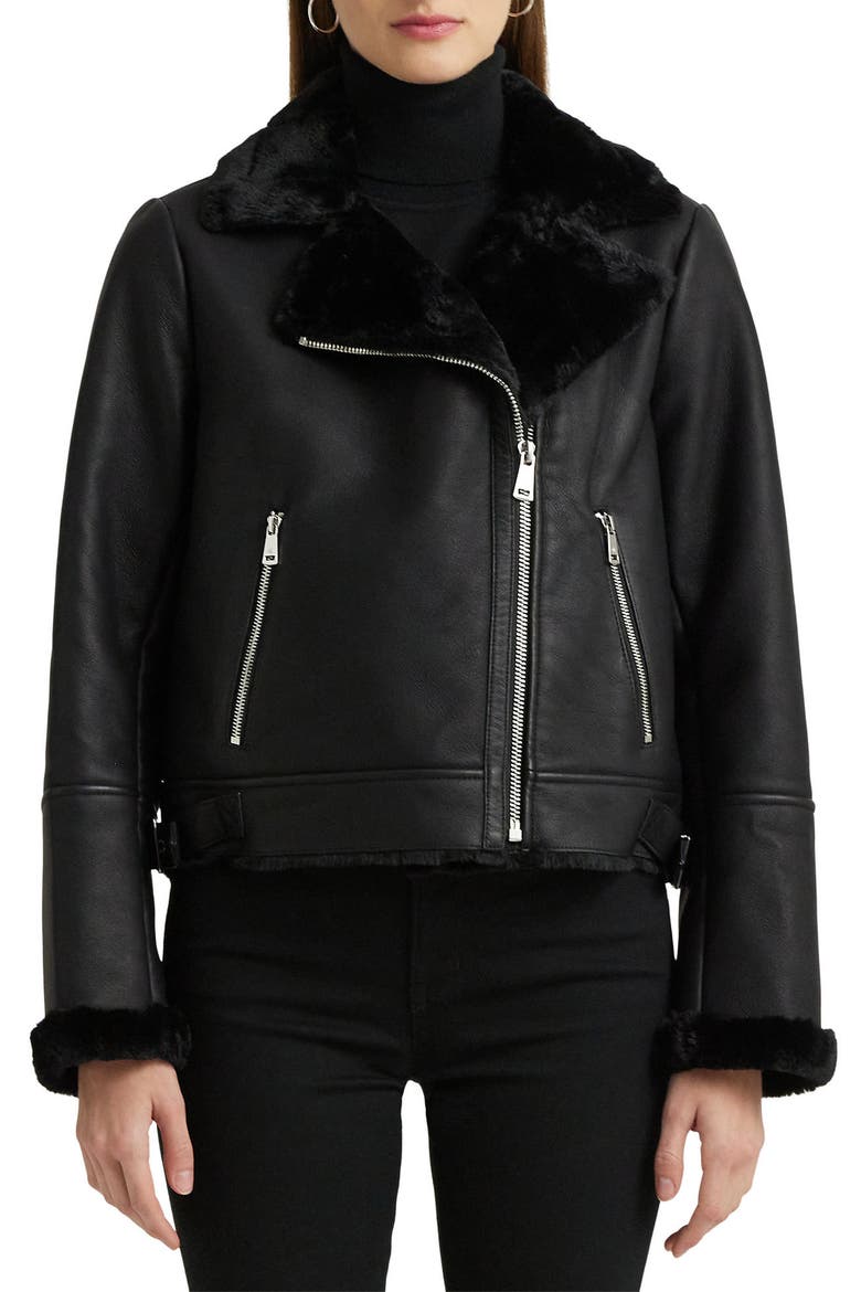 Nappa Faux Leather Moto Jacket with Faux Shearling Lining, Main, color, BLACK