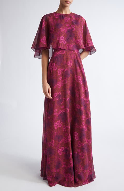 Anemones Cape Bodice Silk Georgette Dress