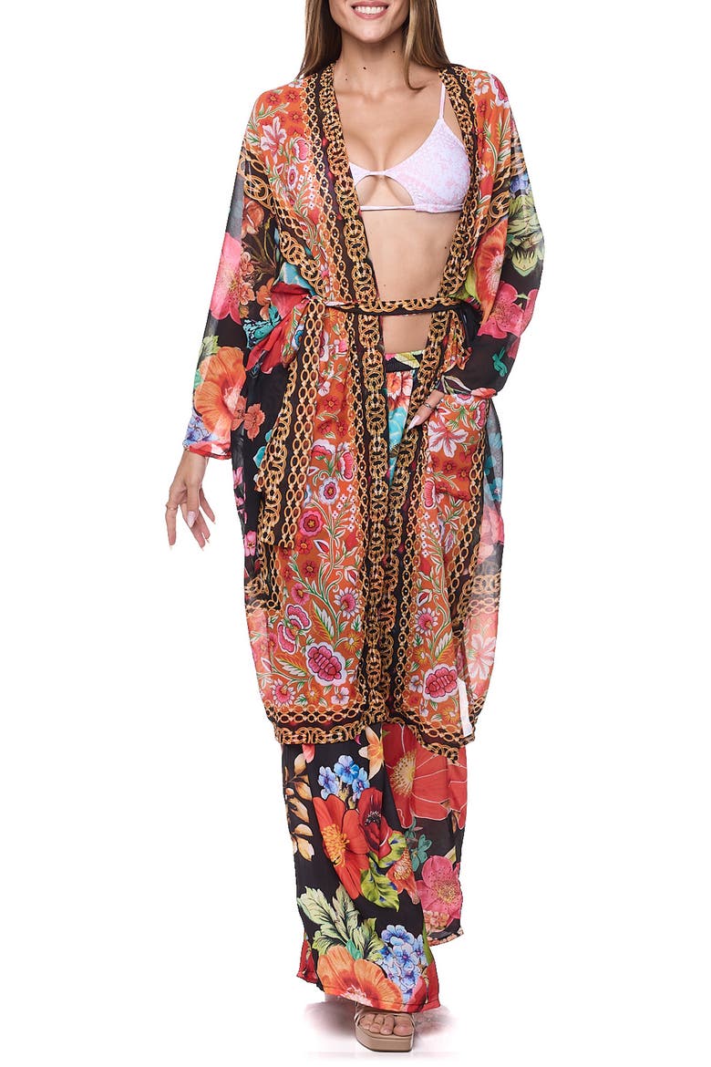 Tie Waist Longline Cover-Up Cape, Main, color, BLACK