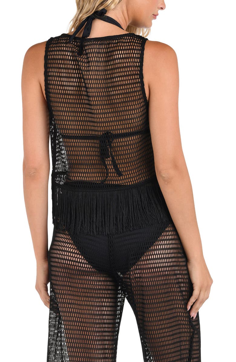 La Blanca Fringe Trim Crochet Tank, Alternate, color, Black