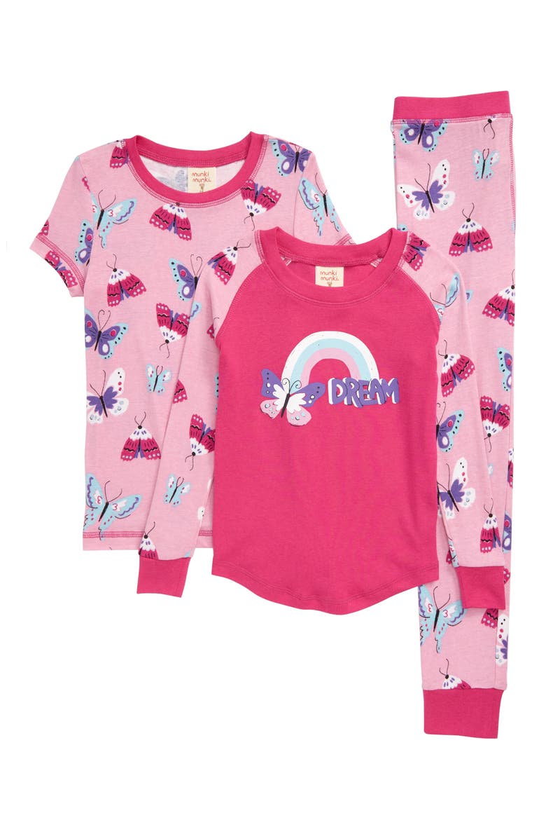 Butterflies Fitted Three-Piece Pajamas, Main, color, PINK