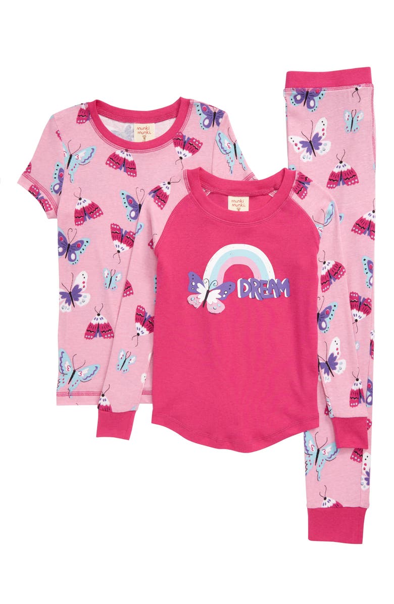 Munki Munki Butterflies Fitted Three-Piece Pajamas, Main, color,