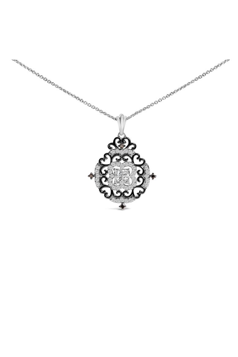 Black Rhodium Plated Sterling Silver 3/4 Cttw Diamond Ornate Medallion Pendant Necklace, Main, color, Silver