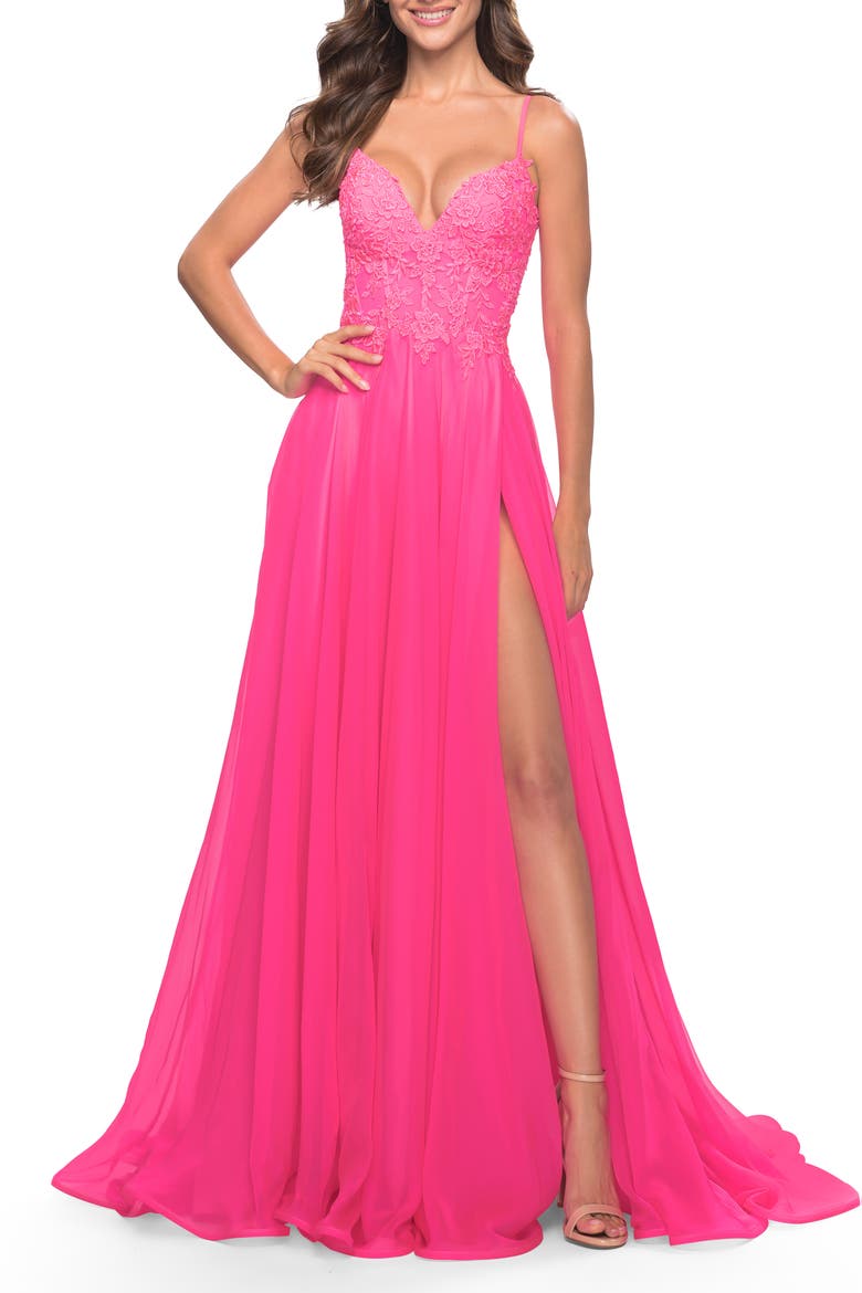 A-line Gown with Sheer Floral Embellished Bodice in Neon Pink, Alternate, color, Neon Pink