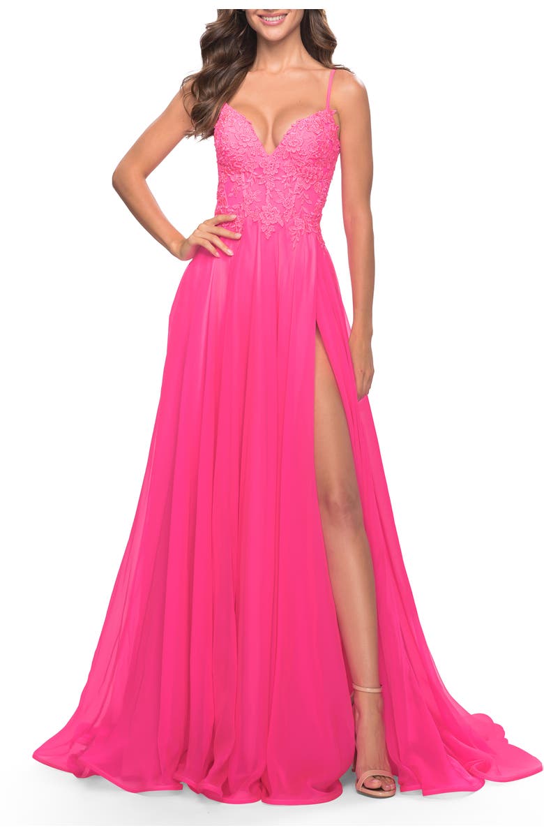 La Femme A-line Gown with Sheer Floral Embellished Bodice in Neon Pink, Alternate, color, Neon Pink