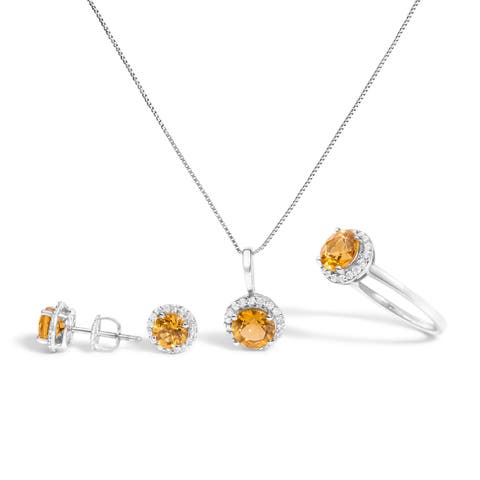 10K Gold Gemstone and 3/8 Cttw Diamond Halo Jewelry Set (Earrings, Pendant & Ring)
