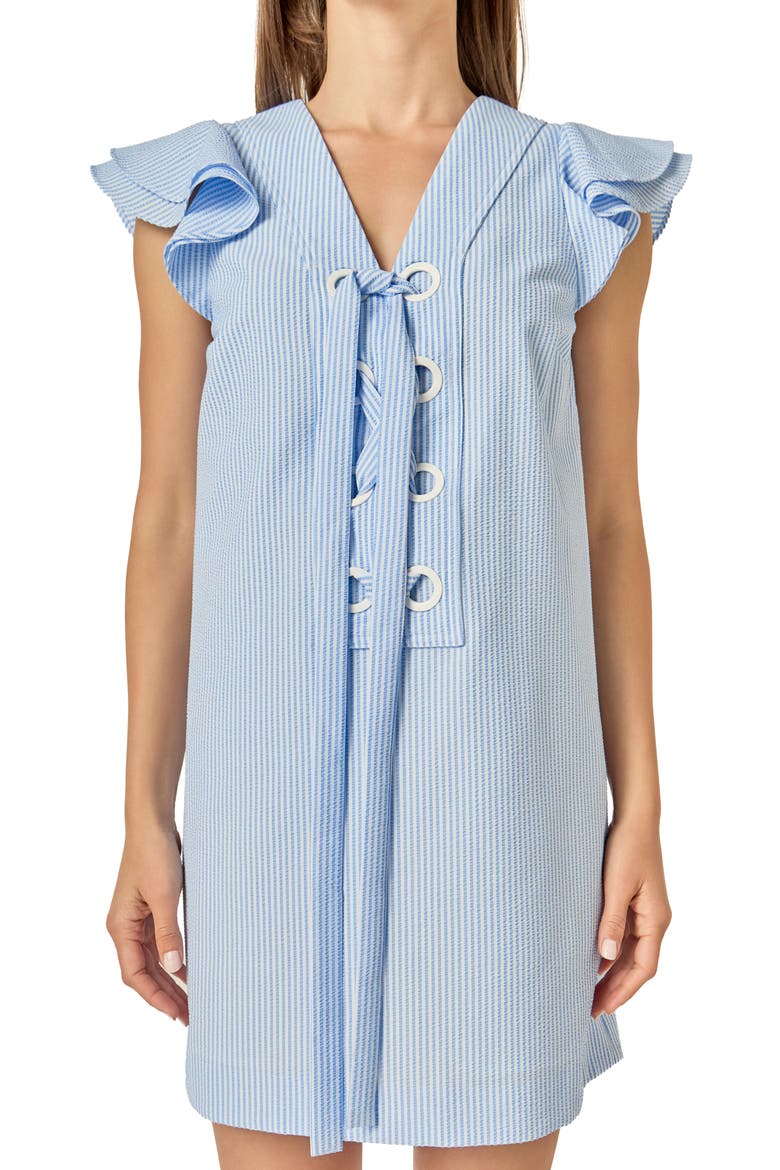 Stripe Seersucker Ruffle Sleeve Eyelet Minidress, Alternate, color, POWDER BLUE/ WHITE