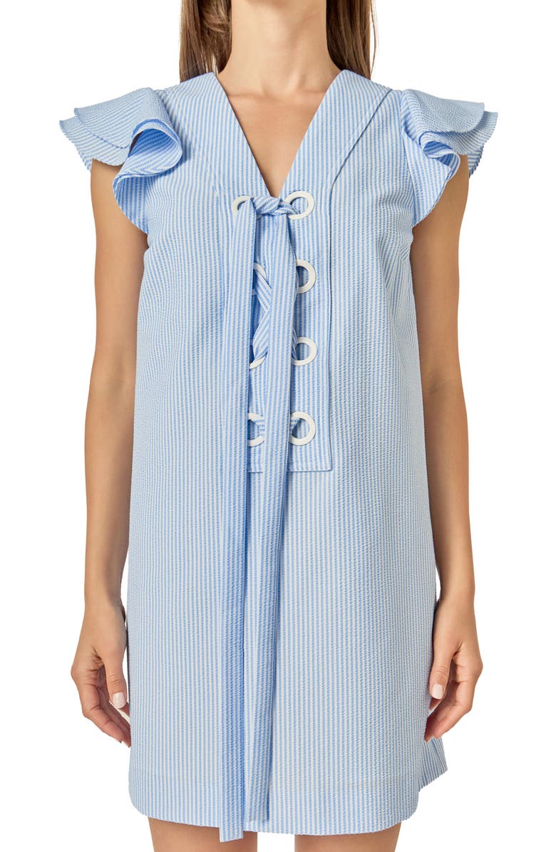 English Factory Stripe Seersucker Ruffle Sleeve Eyelet Minidress, Alternate, color, Powder Blue/ White