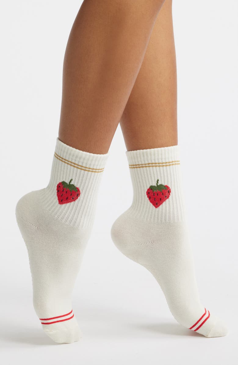 Stems Strawberry Metallic Stripe Grippy Crew Socks, Main, color, Gold
