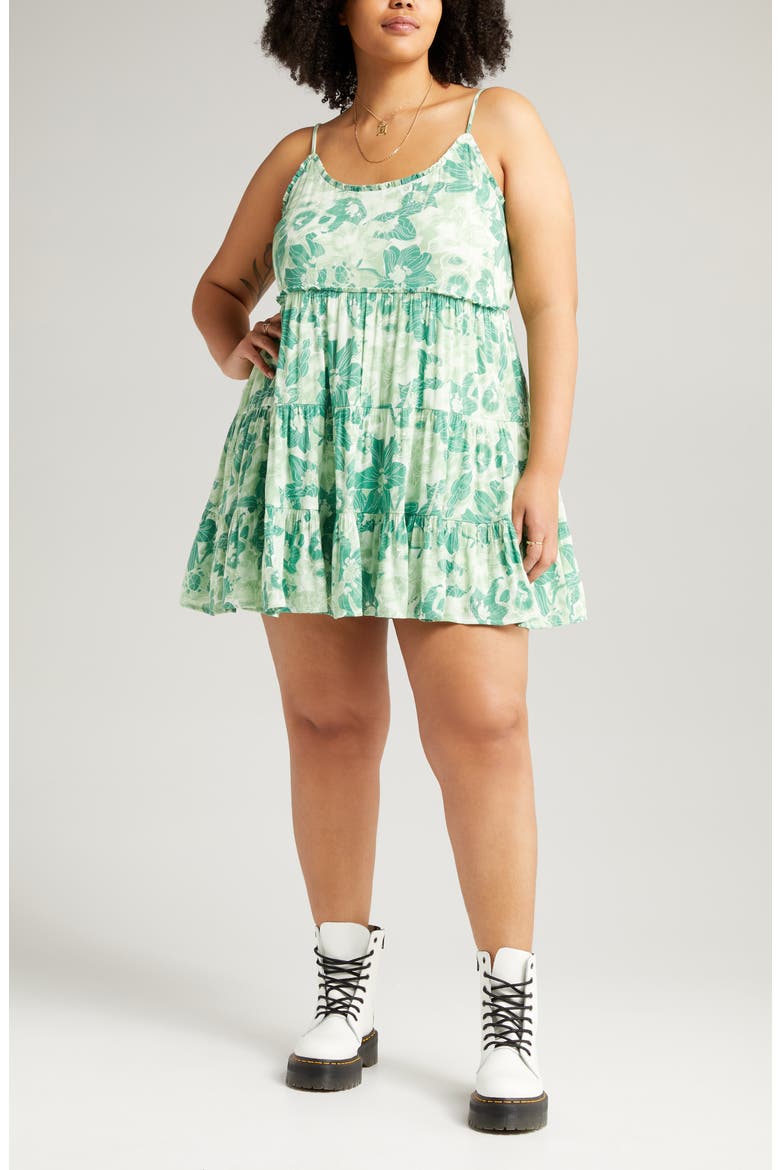 Floral Tiered Babydoll Minidress, Alternate, color, GREEN SUNBURST HIBISCUS