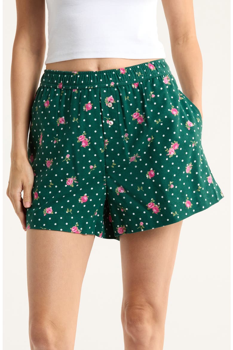 Print Cozy Flannel Boxer Pajama Shorts, Main, color, GREEN POLKA DOT ROSE