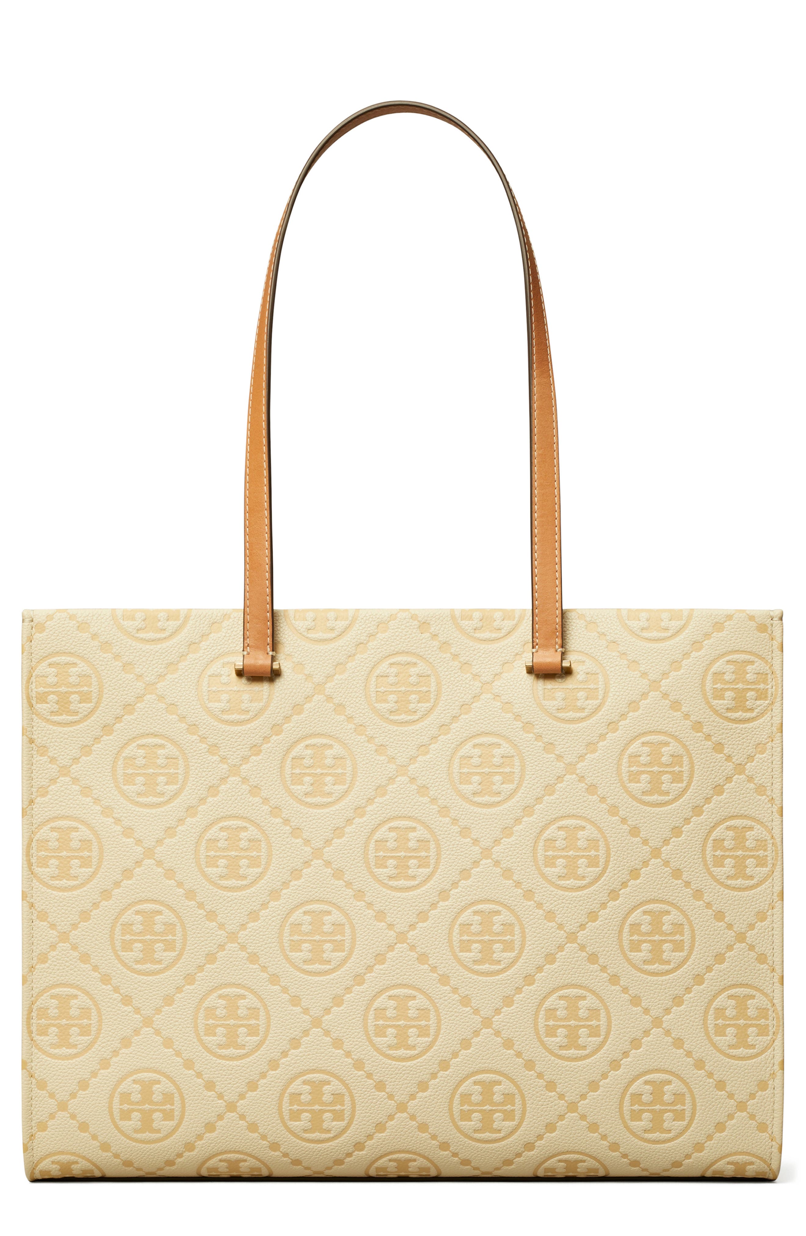Tory Burch T Monogram Debossed Pebble Leather Tote, Main, color, Biscotti
