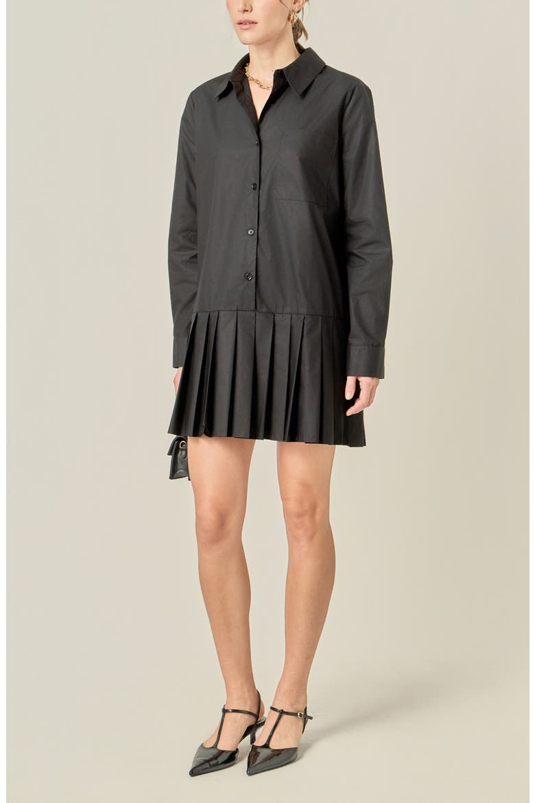 Pleated Long Sleeve Shirtdress, Alternate, color, BLACK