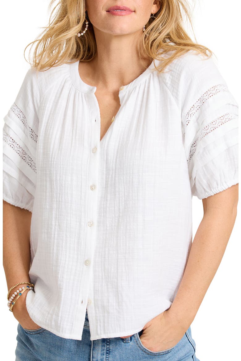 Lace Inset Cotton Gauze Button-Up Shirt, Main, color, WHITE
