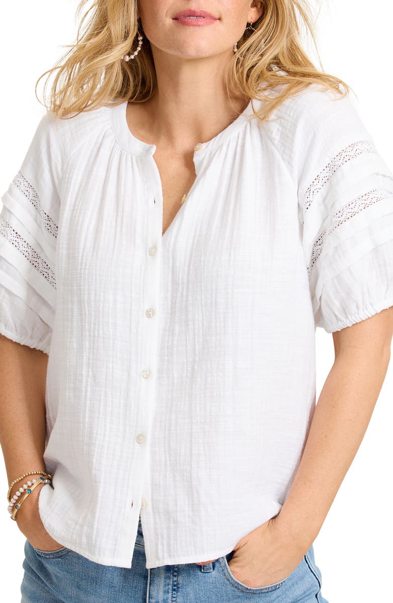 Tommy Bahama Lace Inset Cotton Gauze Button-Up Shirt, Main, color, White