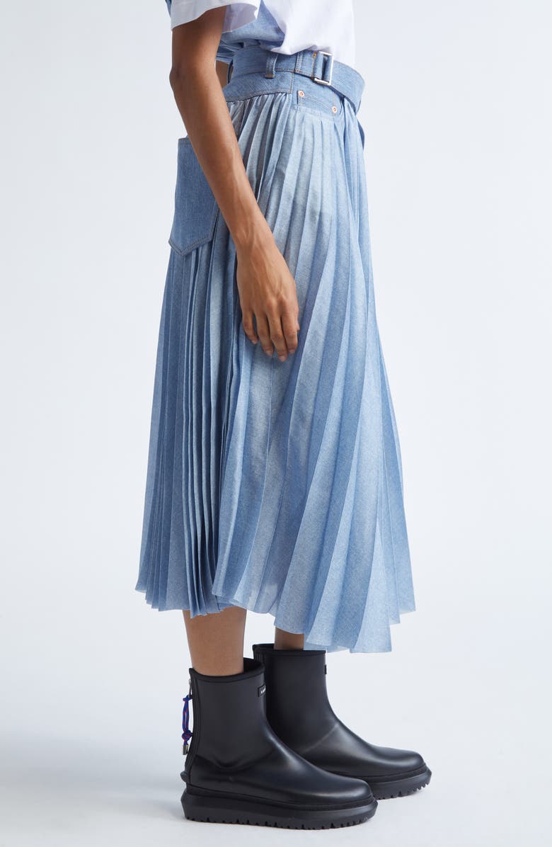 Sacai Pleated Mixed Media Midi Skirt, Alternate, color, Light Blue