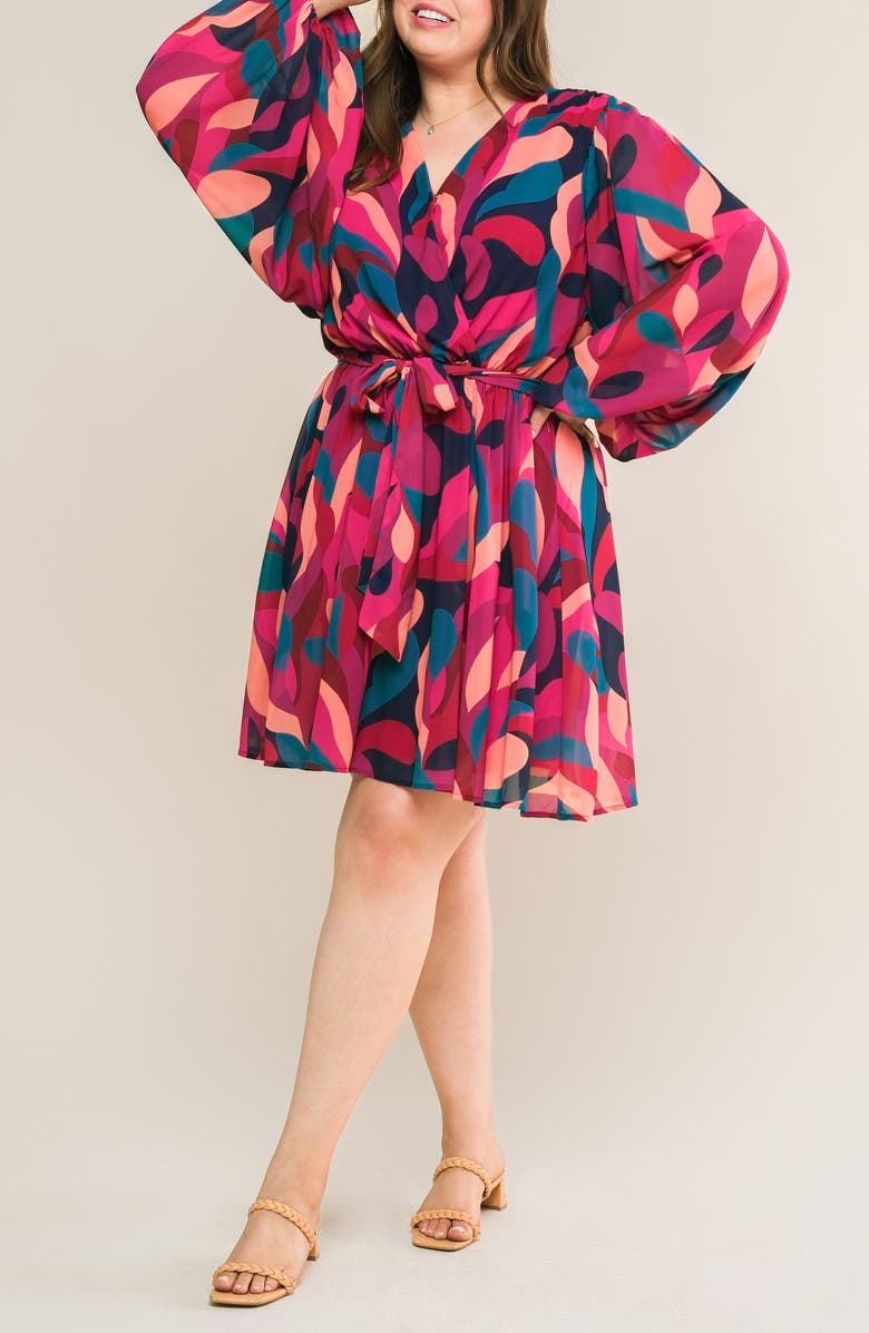 FLYING TOMATO Long Sleeve Print Minidress, Alternate, color, Navy/ Magenta