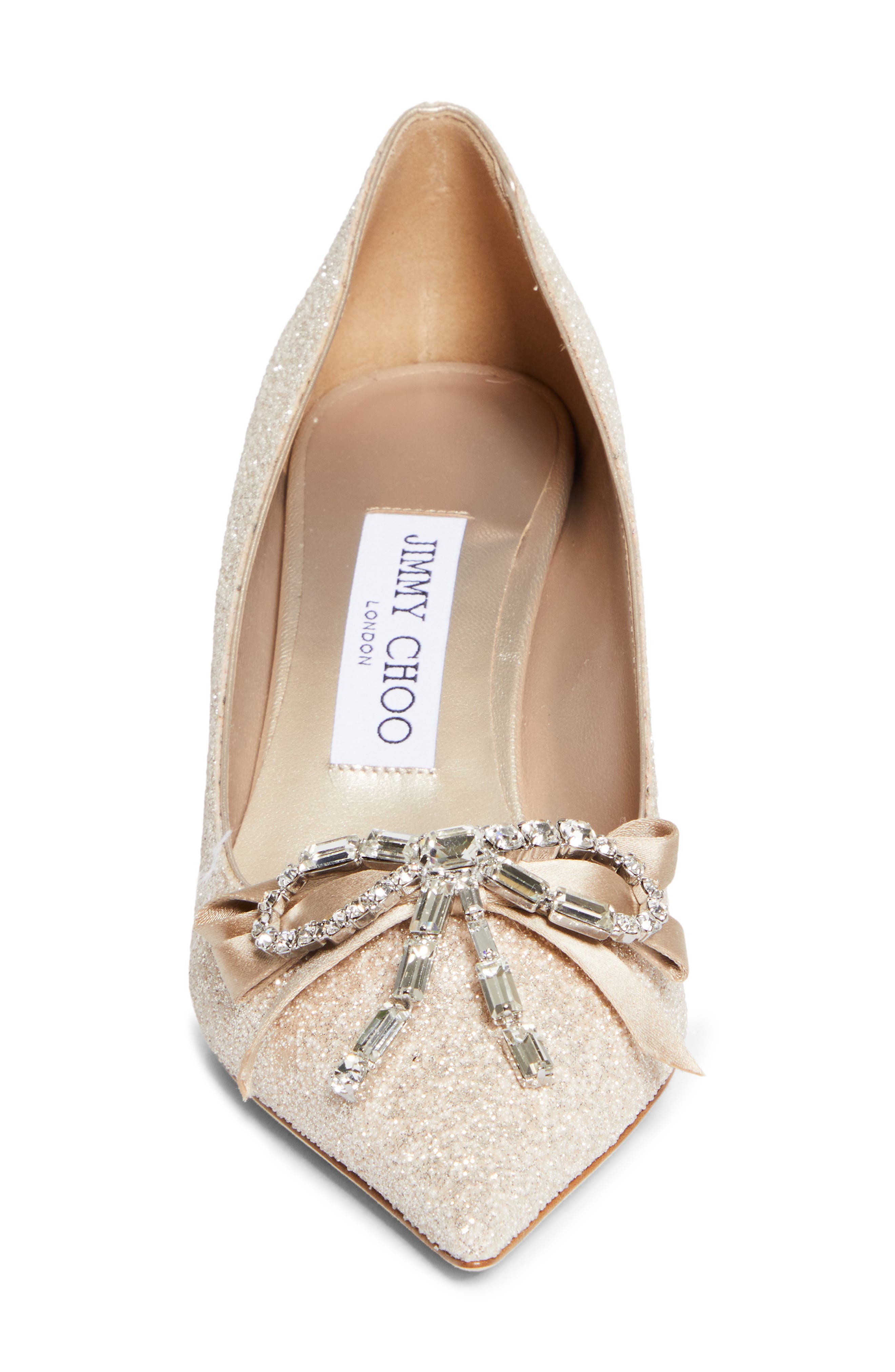Jimmy Choo Auria Crystal Bow Glitter Pump, Alternate, color, Light Soft Gold/ Crystal