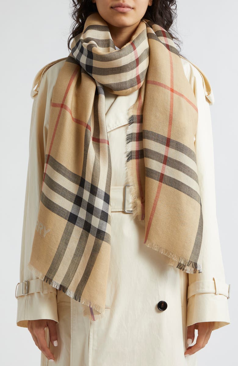 Burberry Check Reversible Wool & Silk Scarf, Alternate, color, Sand/ Lichen