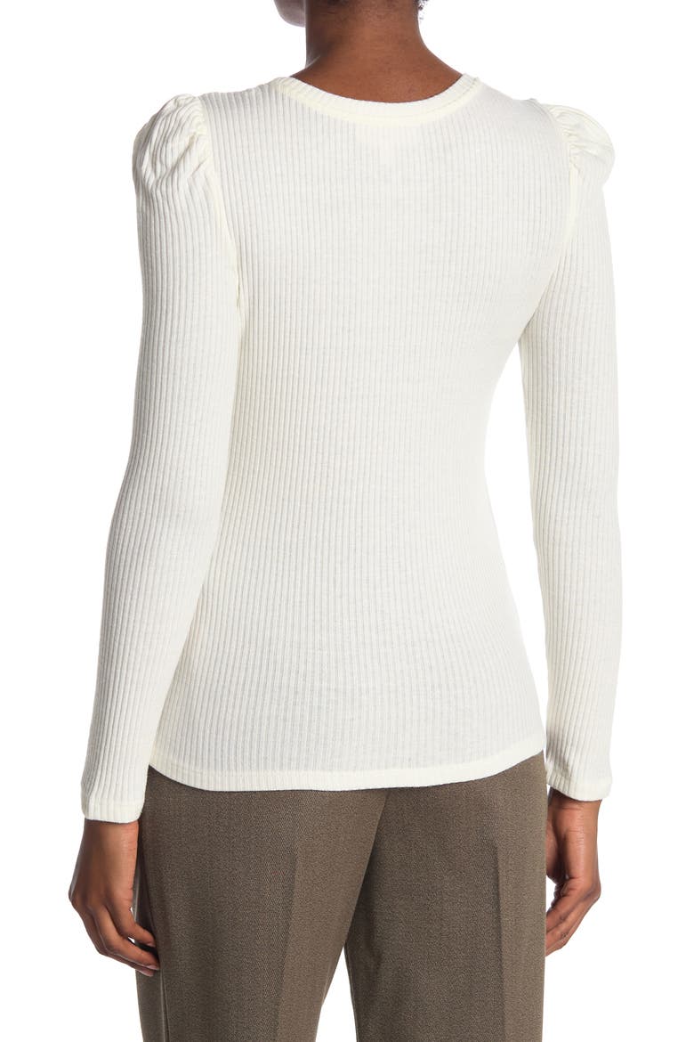 Puff Shoulder Long Sleeve Ribbed Top, Alternate, color, IVORY