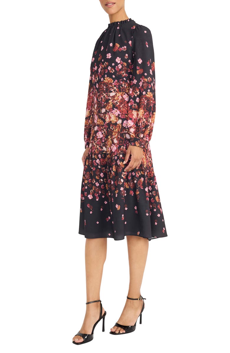 Maggy London Floral Long Sleeve Tiered Dress, Alternate, color, Black/ Rust/ Pink