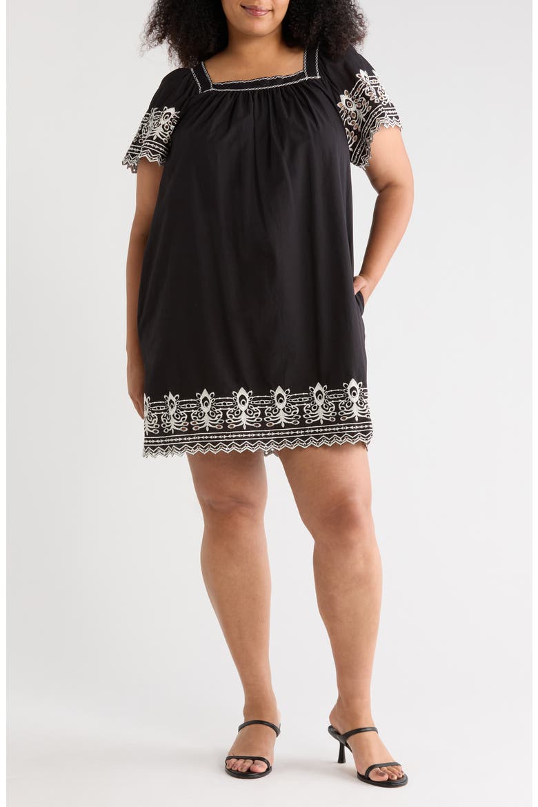 Embroidered Short Sleeve Cotton Dress, Main, color, BLACK/ CREAM