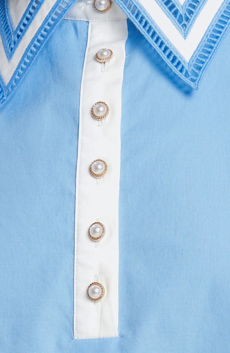 FLYING TOMATO Faux Pearl Button Cotton Shirtdress, Alternate, color, Blue