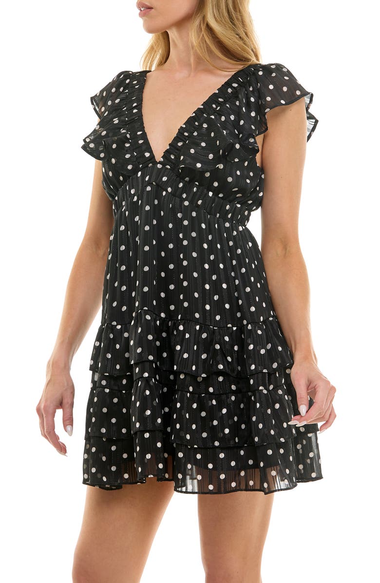 Socialite Double Ruffle Metallic Minidress, Alternate, color, Black/ Ivory Micro Dot