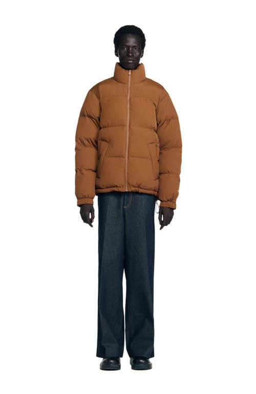 Sandro Hooded Puffer With High Collar In Brown