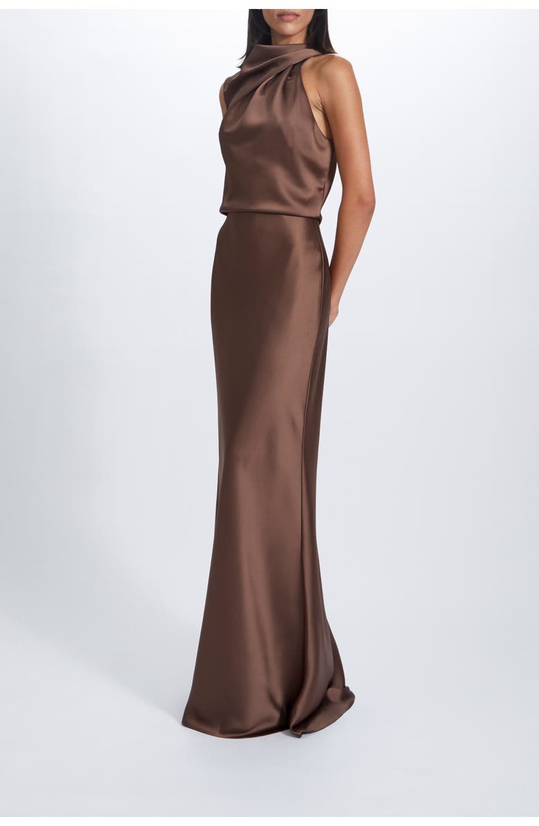 Amsale Fluid Satin Draped Neck Dress, Alternate, color, Truffle