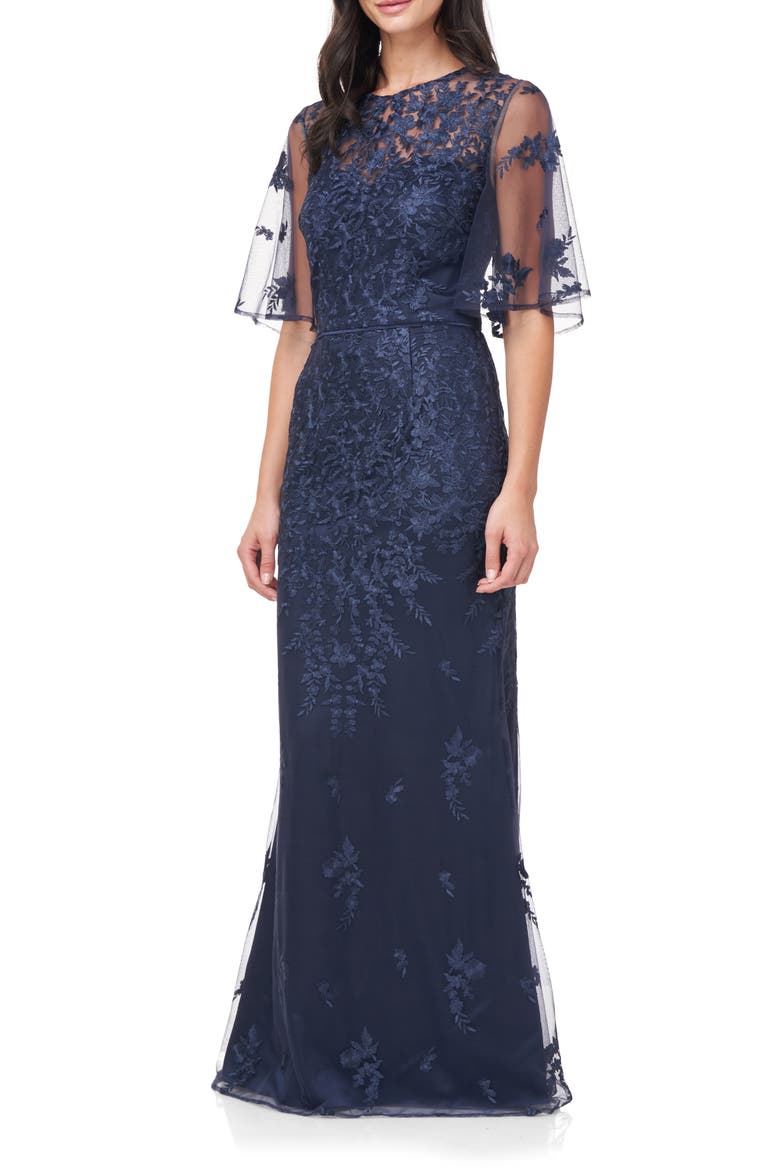 Floral Embroidered Evening Gown, Alternate, color, NAVY