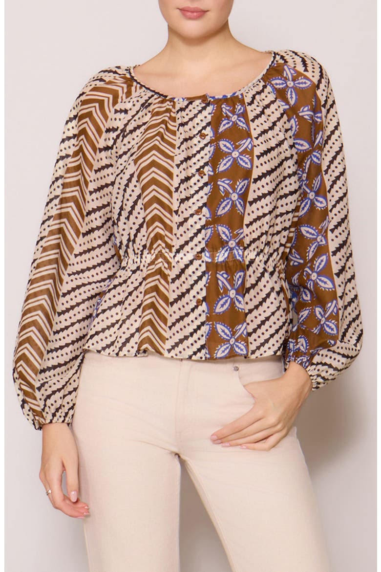 Long Sleeve Button Front Peplum Top, Main, color, BROWN BLUE PRINT